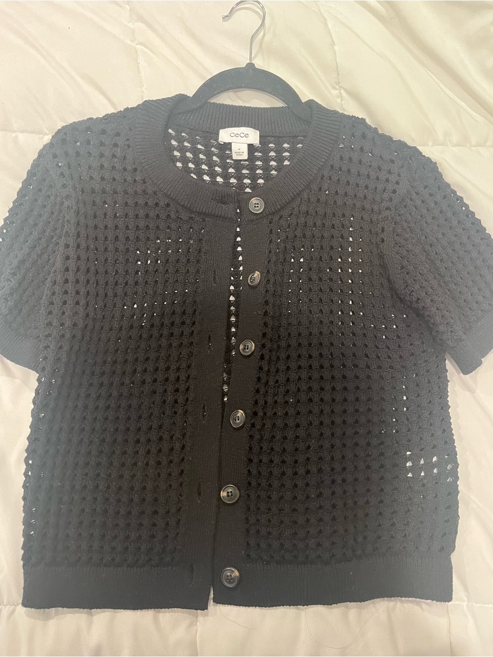 Cece Nordstrom Black Open-Knit Button-Front Sweater medium nwot mesh stitch M - Picture 2 of 3